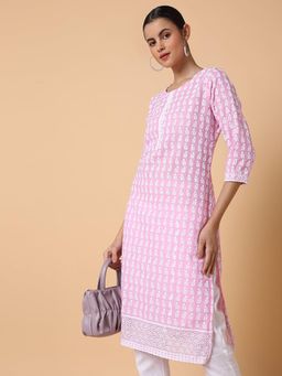 SHOWOFF - Women Floral Chikankari Pink Straight Kurta