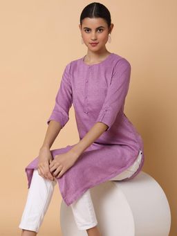 SHOWOFF - Women Solid Sequins Lavender Straight Kurta