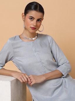 SHOWOFF - Women Solid Sequins Grey Straight Kurta