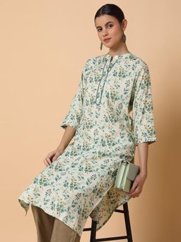 SHOWOFF - Women Straight Sequins Cream Floral Kurta