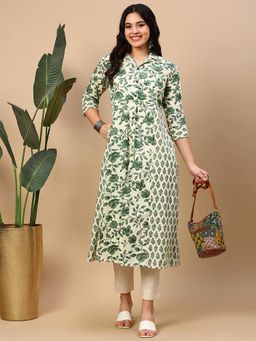 SHOWOFF - Women Green Floral A-Line Kurta