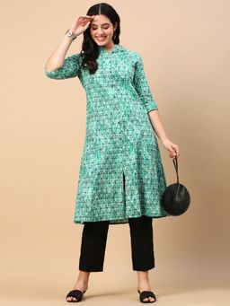 SHOWOFF - Women Turquoise Blue Geometric A-Line Kurta