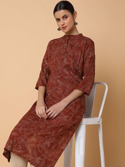 SHOWOFF - Women Floral Brown Straight Kurta