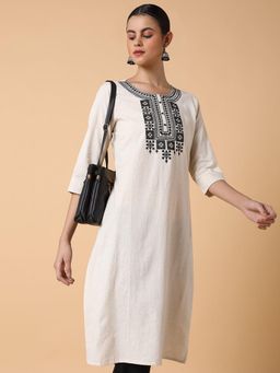 SHOWOFF - Women Solid Cream Straight Kurta