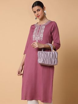 SHOWOFF - Women Solid Pink Straight Kurta