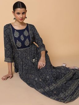 SHOWOFF - Women Floral Navy Blue Anarkali Kurta