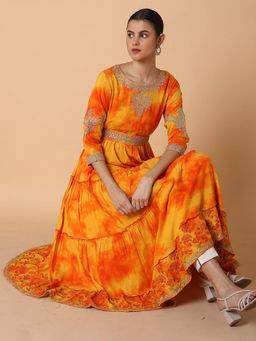 SHOWOFF - Women Solid Orange Anarkali Kurta with Belt (Set of 2)
