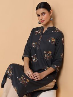 SHOWOFF - Women Straight Black Floral Kurta