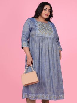 SHOWOFF - Women Blue Woven Design A-Line Kurta