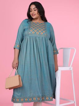 SHOWOFF - Women Teal Woven Design A-Line Kurta