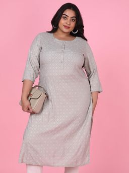 SHOWOFF - Women Grey Floral Straight Kurta