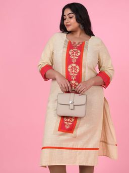 SHOWOFF - Women Cream Floral Straight Kurta