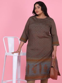 SHOWOFF - Women Brown Floral Straight Kurta