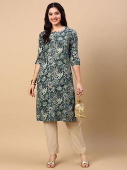 SHOWOFF - Women Green Floral Straight Kurta