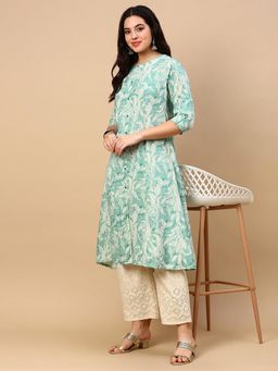 SHOWOFF - Women Green Floral A-Line Kurta