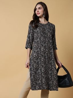 SHOWOFF - Women Black Ethnic Motifs Straight Kurta