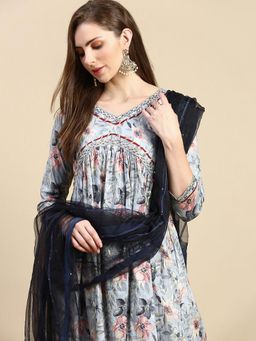SHOWOFF - Women's Floral Grey Kurta and Pant with Dupatta (Set of 3)
