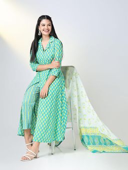 SHOWOFF - Women's Sea Green Ethnic Motifs A-Line Kurta and Pant with Dupatta (Set of 3)