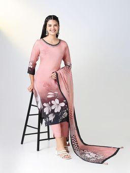 SHOWOFF - Women's Pink Floral Straight Kurta and Pant with Dupatta (Set of 3)
