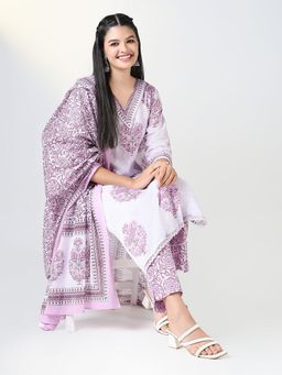 SHOWOFF - Women's Purple Floral Straight Kurta and Pant with Dupatta (Set of 3)