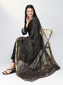 SHOWOFF - Women's Black Solid A-Line Kurta and Pant with Dupatta (Set of 3)