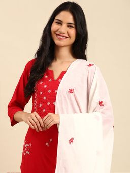 SHOWOFF - Women's Red Straight Kurta and Pant with Dupatta (Set of 3)
