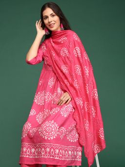 SHOWOFF - Women's Ethnic Motifs Pink A-Line Kurta and Pant with Dupatta (Set of 3)