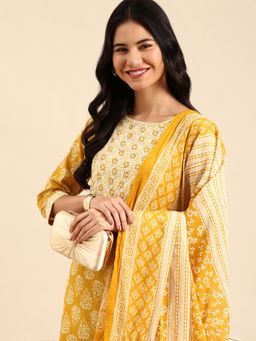 SHOWOFF - Women's Ethnic Motifs Yellow Straight Kurta and Pant with Dupatta (Set of 3)