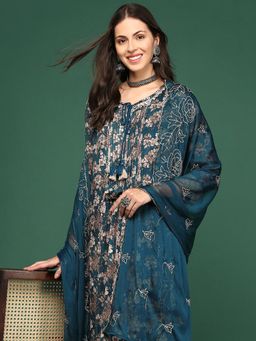 SHOWOFF - Women's Floral Teal A-Line Kurta and Pant with Dupatta (Set of 3)
