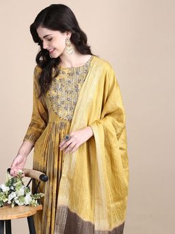 SHOWOFF - Women's Floral Mustard Straight Kurta and Pant with Dupatta (Set of 3)