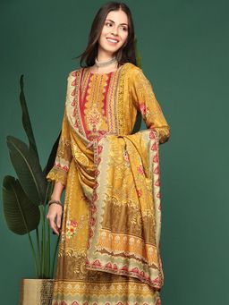 SHOWOFF - Women's Floral Mustard Kurta and Pant with Dupatta (Set of 3)
