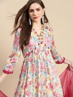 SHOWOFF - Women's Floral Cream Kurta and Pant with Dupatta (Set of 3)