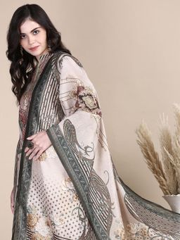 SHOWOFF - Women's Ethnic Motifs Beige Straight Kurta and Pant with Dupatta (Set of 3)
