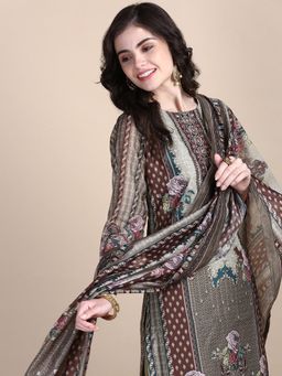 SHOWOFF - Women's Floral Olive Straight Kurta and Pant with Dupatta (Set of 3)