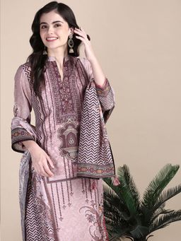SHOWOFF - Women's Ethnic Motifs Mauve Straight Kurta and Pant with Dupatta (Set of 3)
