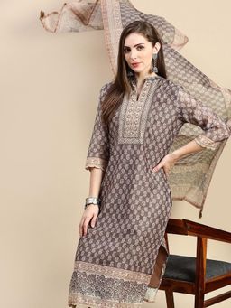 SHOWOFFFF - Women's Ethnic Motifs Brown Straight Kurta and Pant with Dupatta (Set of 3)