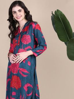 SHOWOFFFF - Women's Floral Teal Straight Kurta and Palazzo (Set of 2)