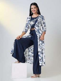 SHOWOFF - Women's Blue Floral Straight Top and Palazzo with Shrug (Set of 3)