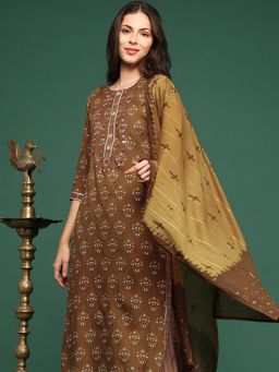 SHOWOFF - Women's Floral Brown Straight Kurta and Palazzo with Dupatta (Set of 3)