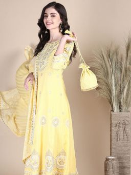 SHOWOFF - Women's Motifs Yellow Anarkali Kurta, Pant with Dupatta & Potli Bag (Set of 4)
