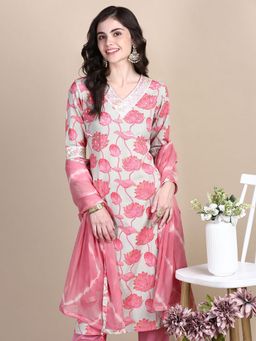 SHOWOFF - Women's Floral Sea Green Straight Kurta and Pant with Dupatta (Set of 3)