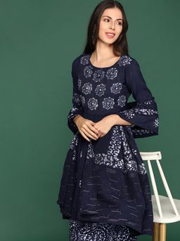 SHOWOFF - Women's Floral Navy Blue A-Line Kurta and Pant with Dupatta (Set of 3)