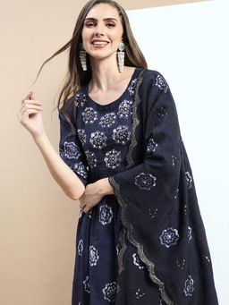 SHOWOFF - Women's Floral Navy Blue A-Line Kurta and Pant (Set of 2)