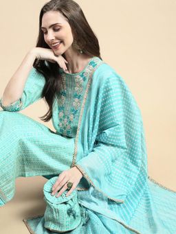 SHOWOFFFF - Women's Sea Green Kurta, Pant with Dupatta & Potli Bag (Set of 4)