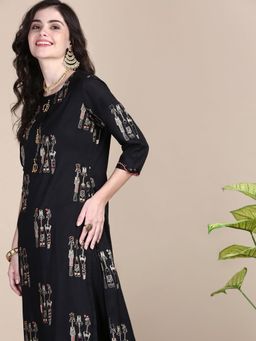 SHOWOFF - Women's Tribal Black Straight Kurta and Patiala (Set of 2)