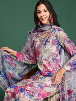 SHOWOFF - Women's Floral Blue Straight Kurta and Pant with Dupatta (Set of 3)