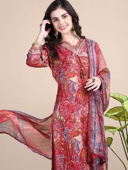 SHOWOFF - Women's Abstract Maroon Straight Kurta and Pant with Dupatta (Set of 3)
