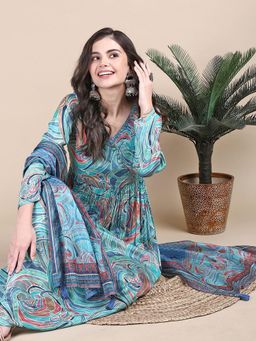 SHOWOFF - Women's Abstract Turquoise Blue Kurta and Pant with Dupatta (Set of 3)