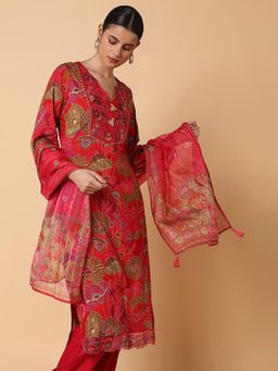 SHOWOFF - Women's Floral Red Straight Kurta and Palazzo with Dupatta (Set of 3)