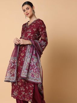SHOWOFFFF - Women's Floral Burgundy Straight Kurta and Patiala with Dupatta (Set of 3)